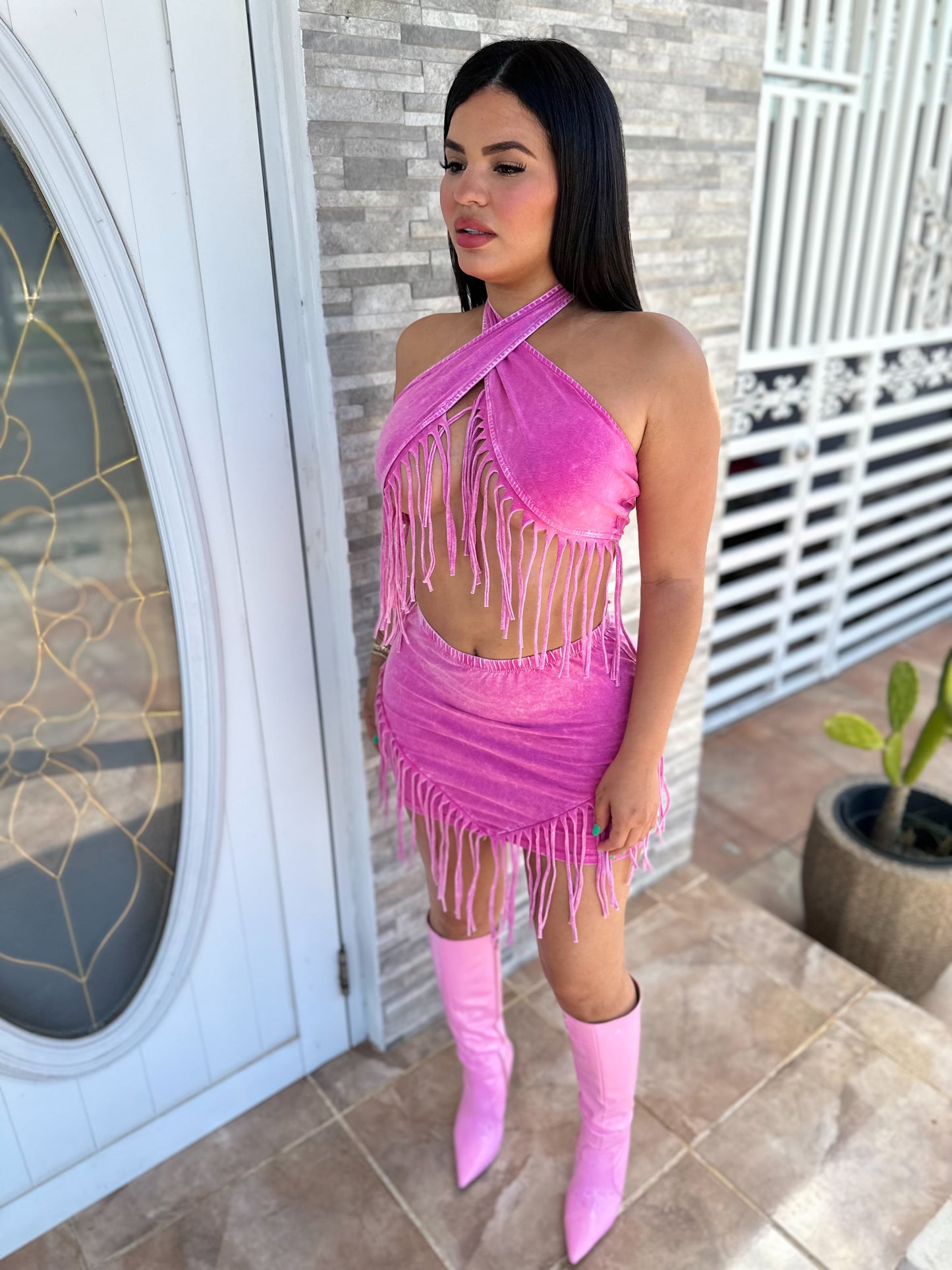 Pink Fringe Mineral Skirt Set