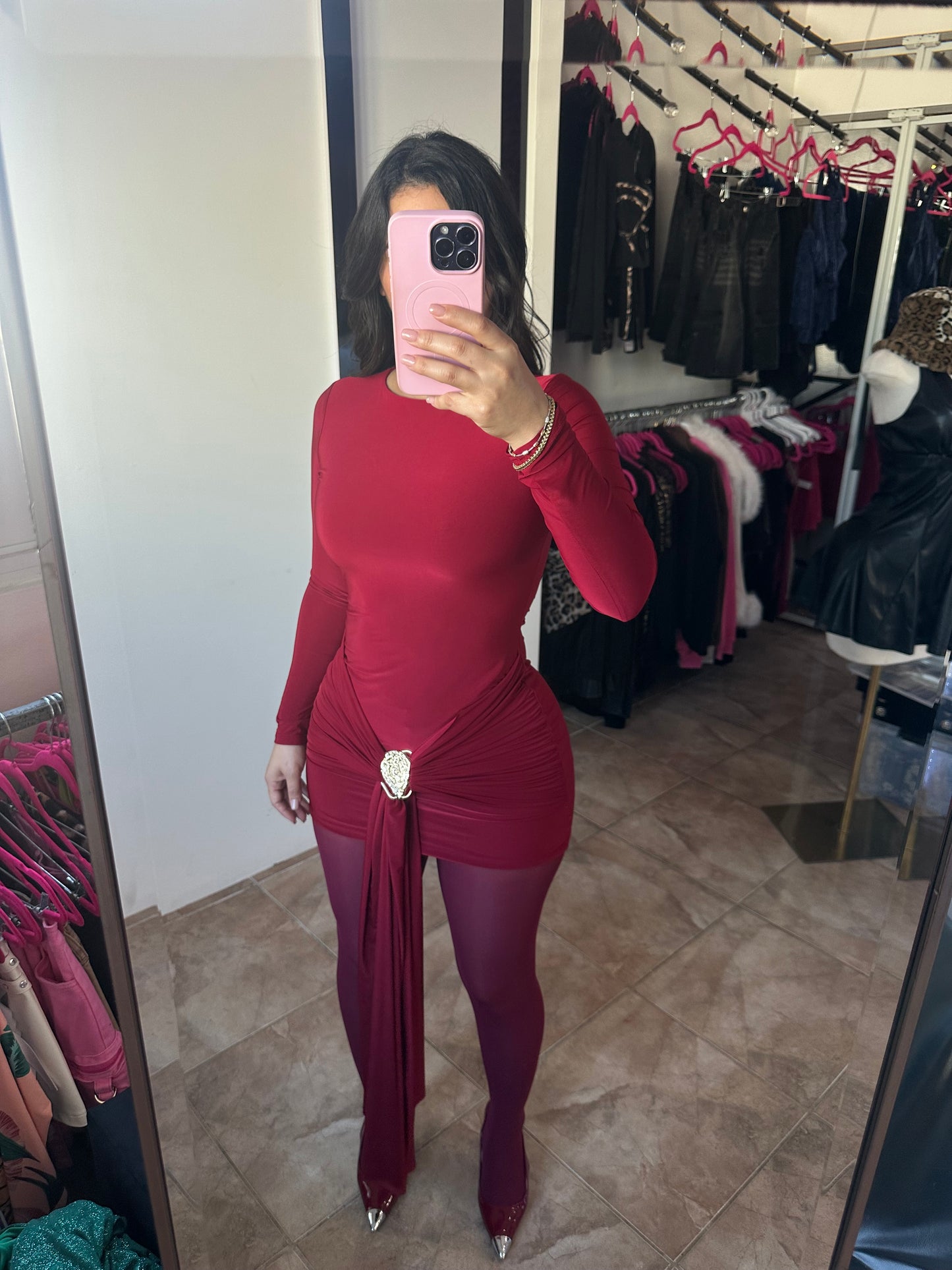 Wine along Sleeve Dress
