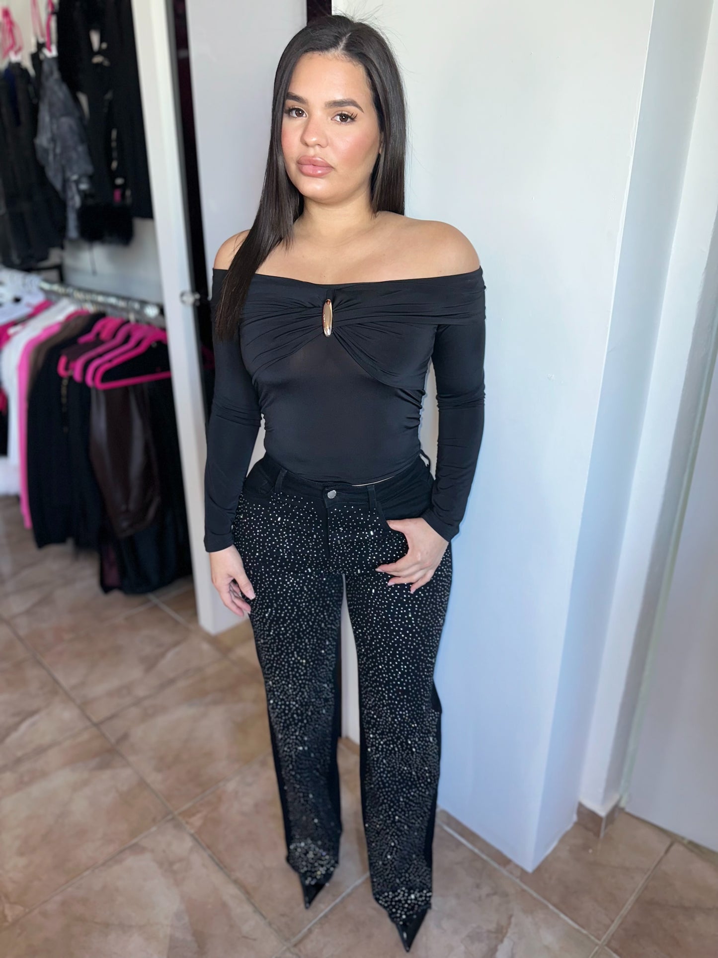 Black Rhinestones Pants