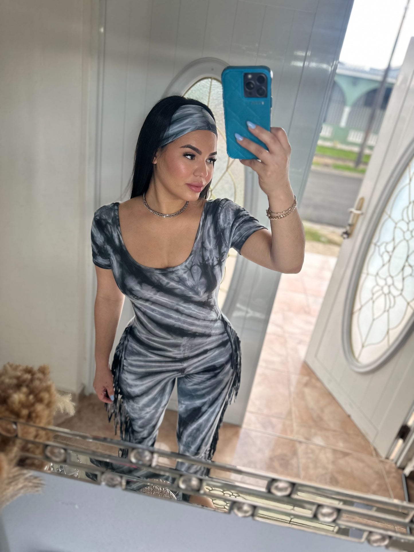 Tie Dye Black Fringe Jumpsuit