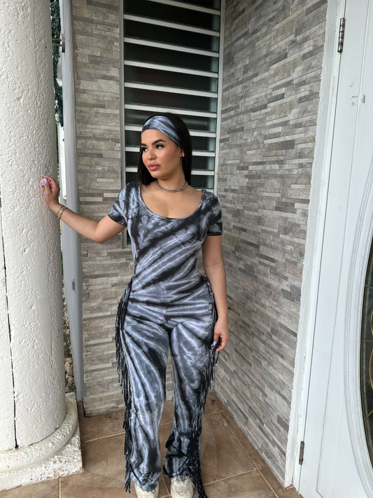 Tie Dye Black Fringe Jumpsuit
