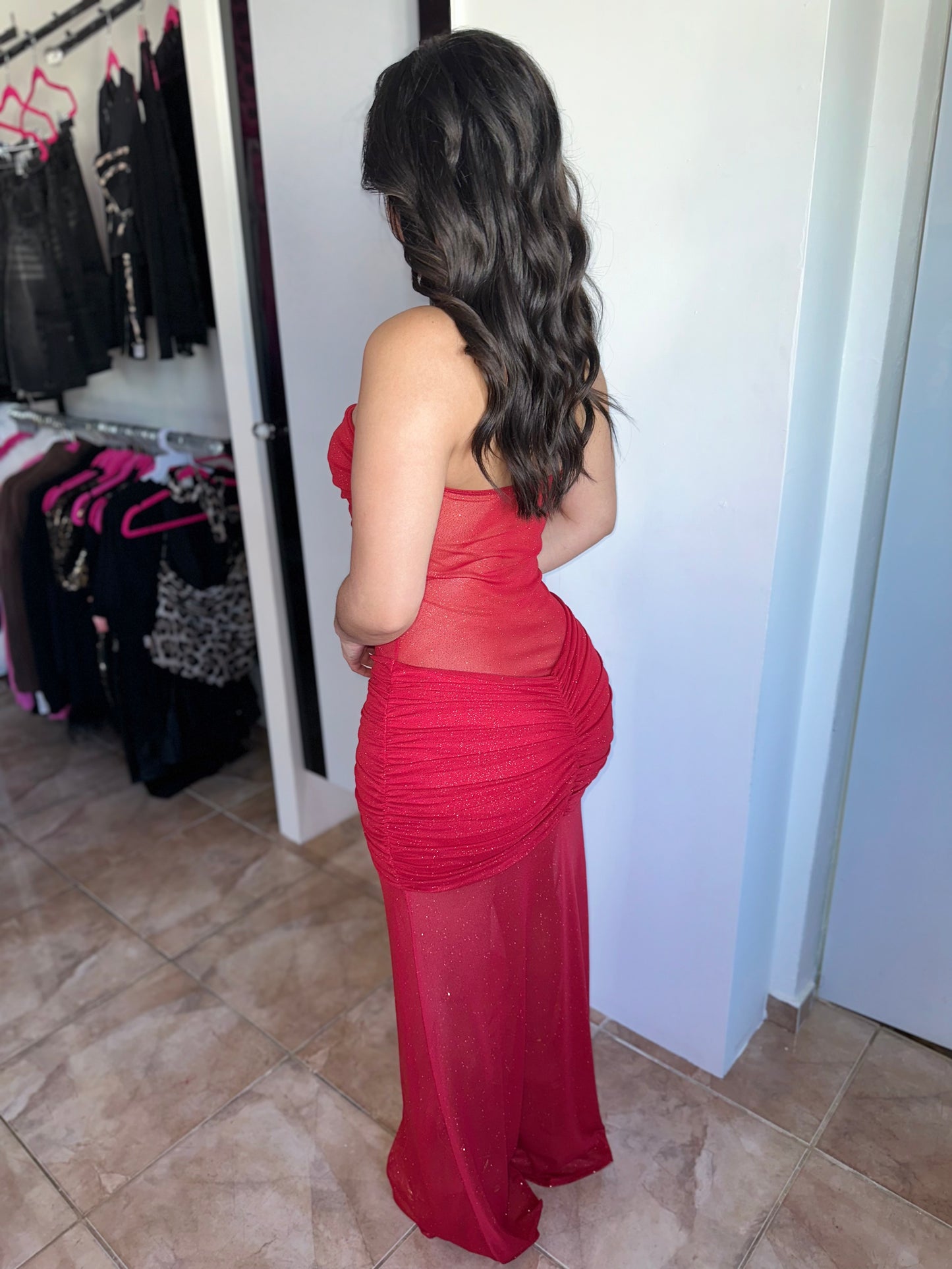 Red Glitter Mesh Long Dress