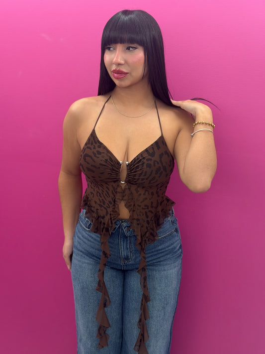 Leopard Mocha Fringe Top