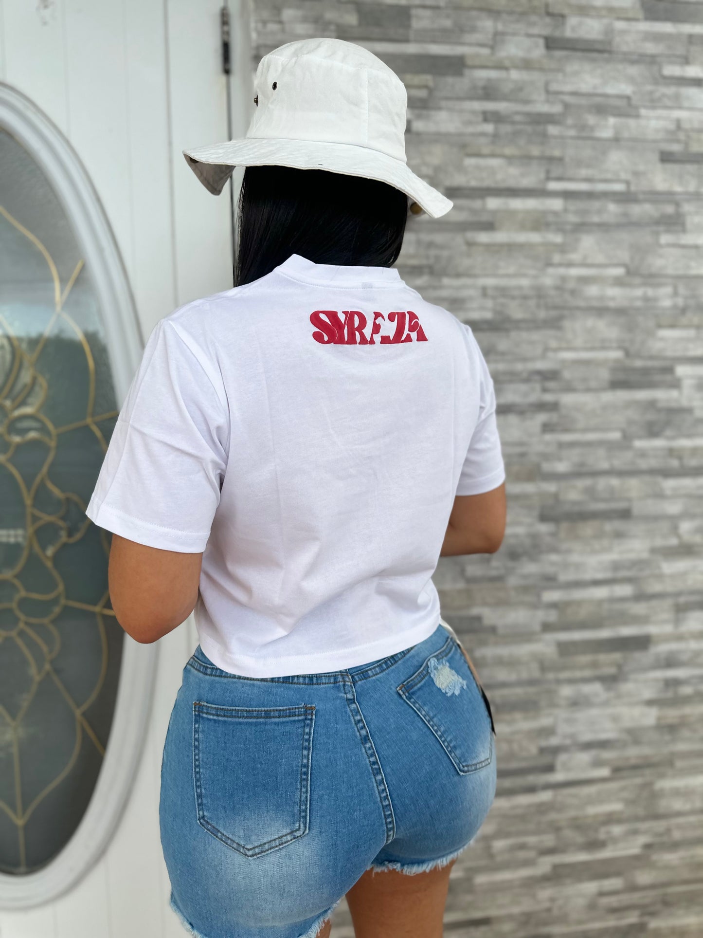Girlys White|Red Logo Crop Top