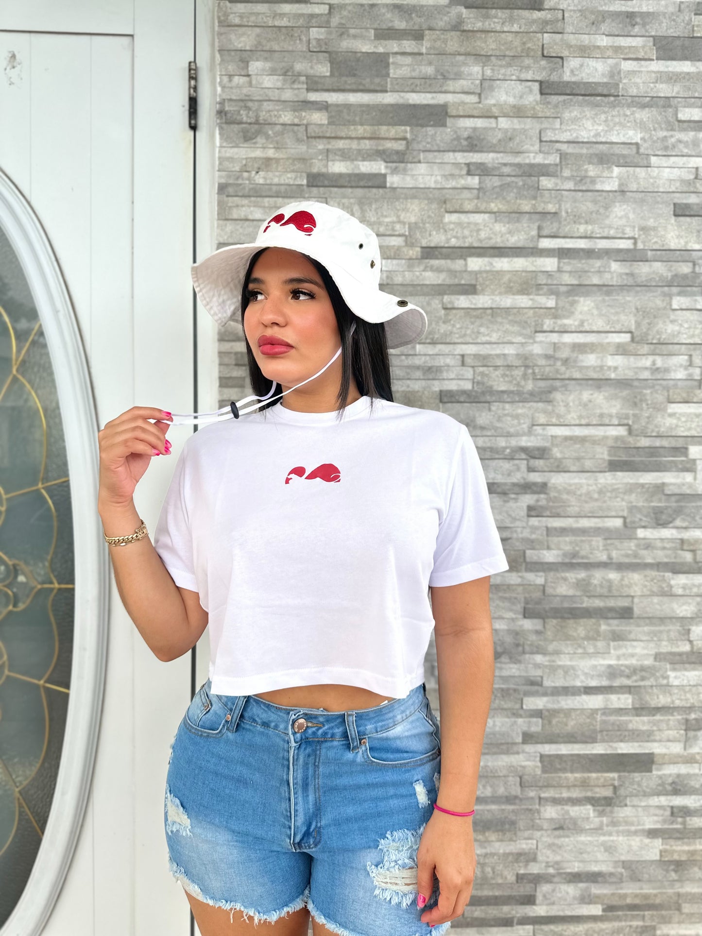 Girlys White|Red Logo Crop Top