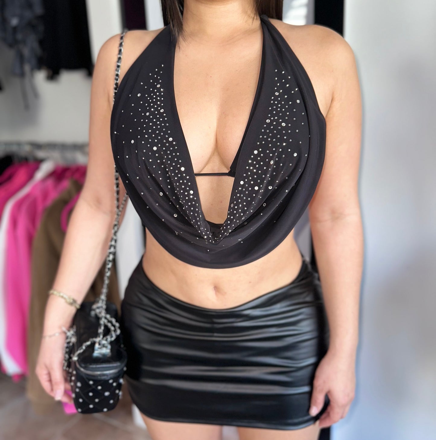 Black Rhinestones Halter Top