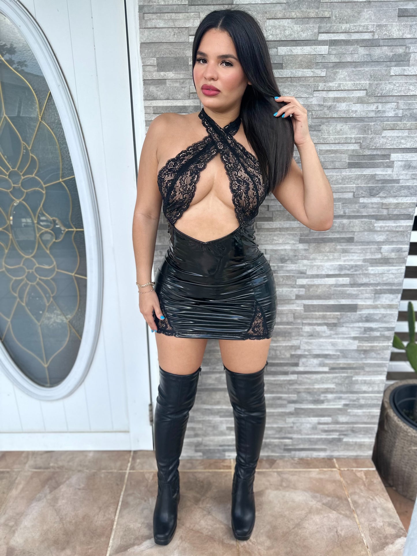 Criss Cross Lace Latex Dress
