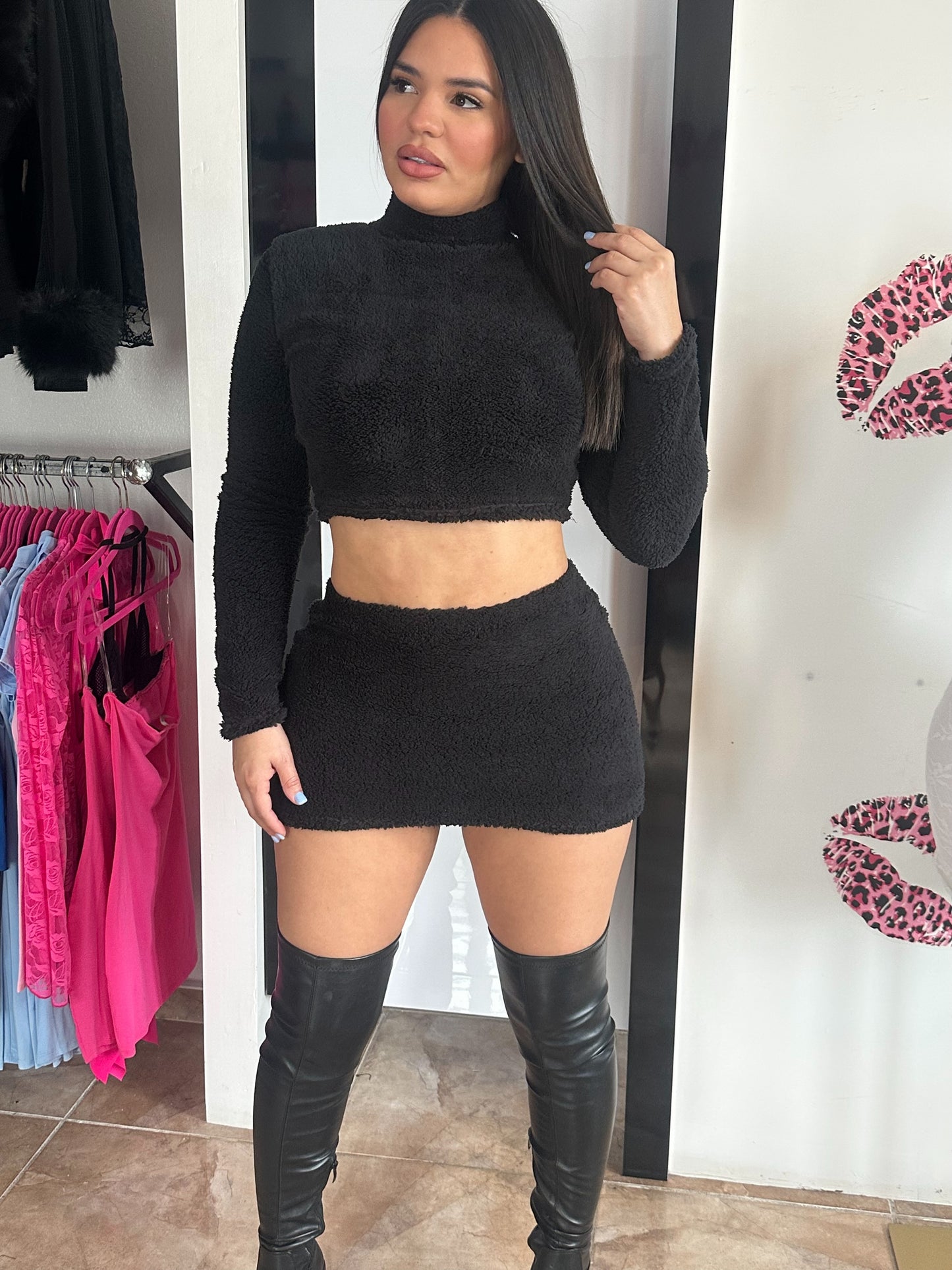 Fluffy Black Skirt Set