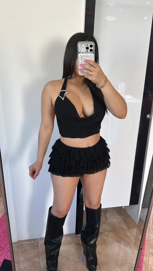 Black Ruffle Short Set