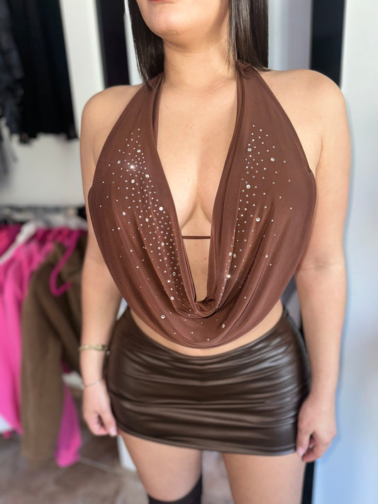 Brown Rhinestones Halter Top