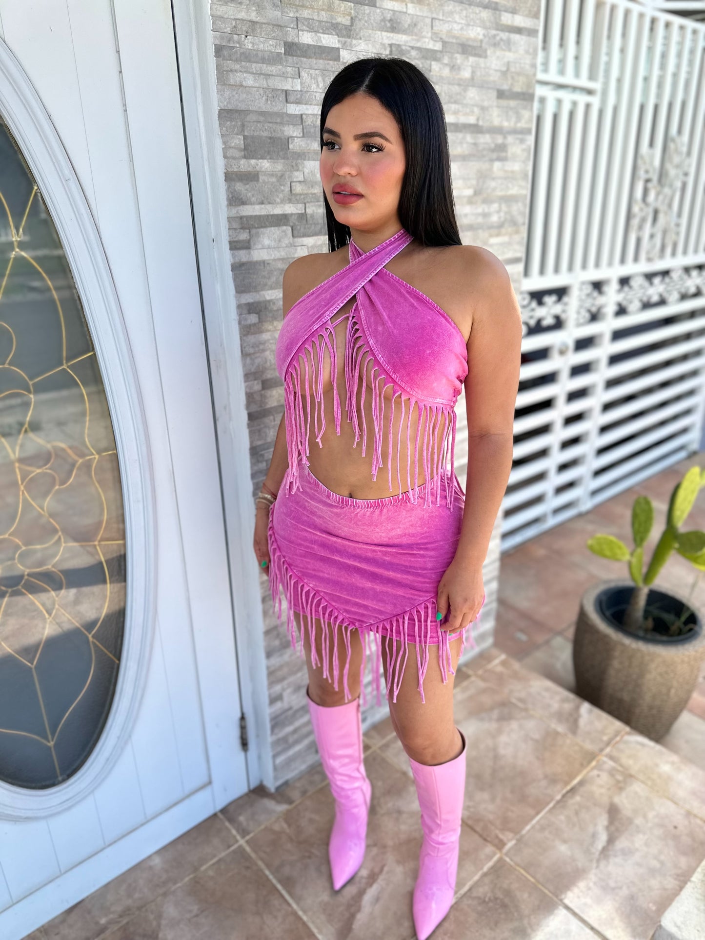 Pink Fringe Mineral Skirt Set