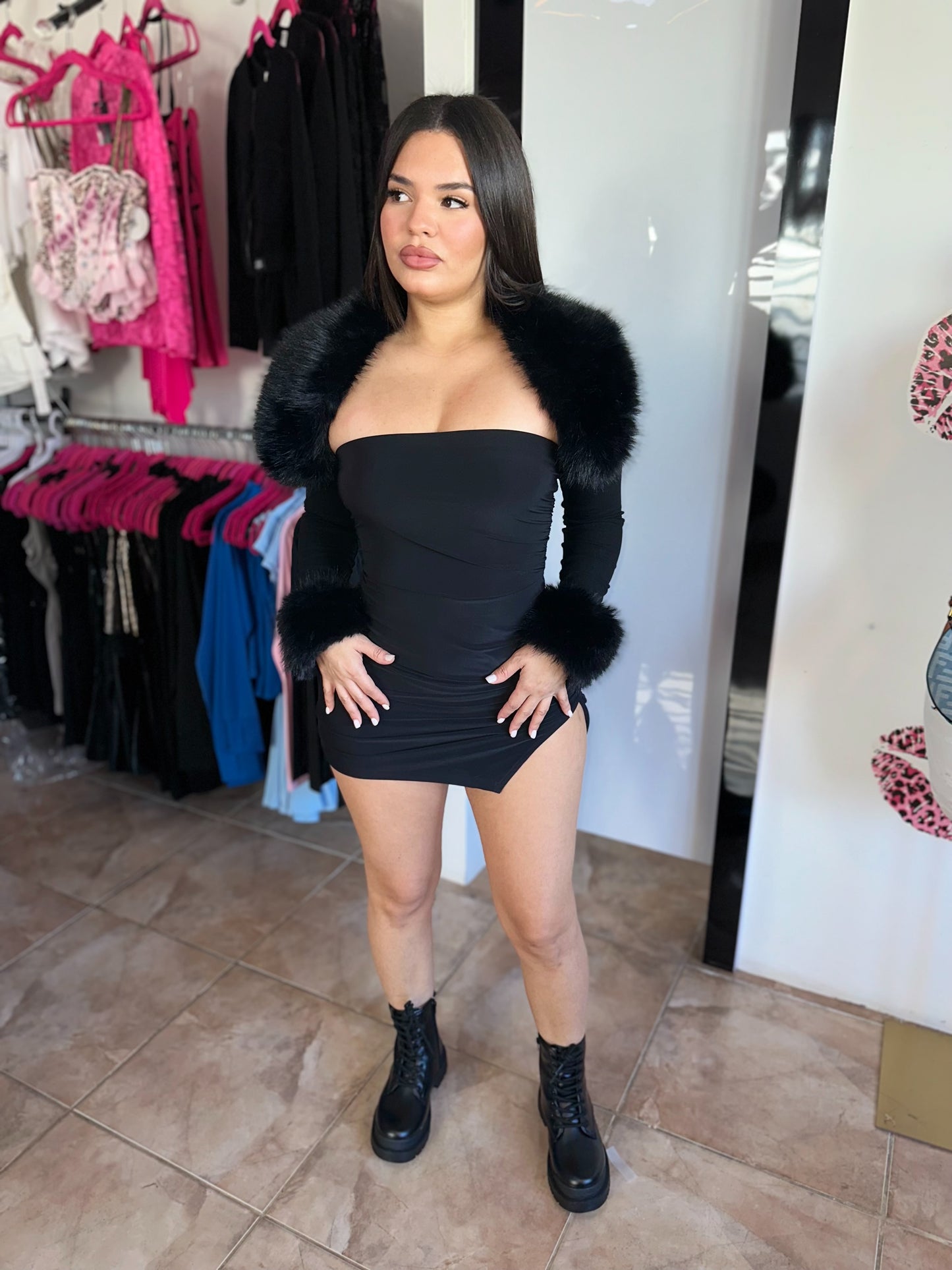 Black Strapless Slit Dress