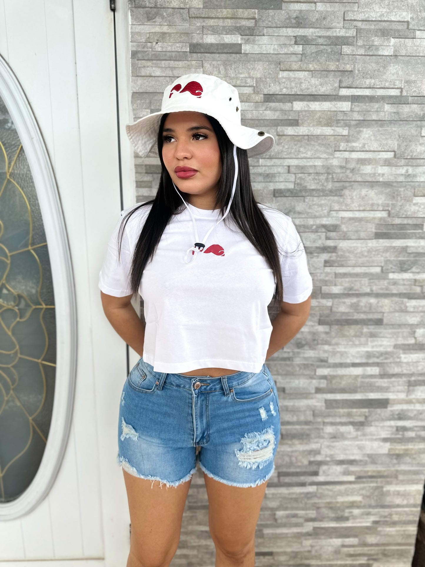 Girlys White|Red Logo Crop Top
