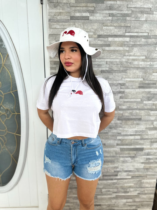 Girlys White|Red Logo Crop Top