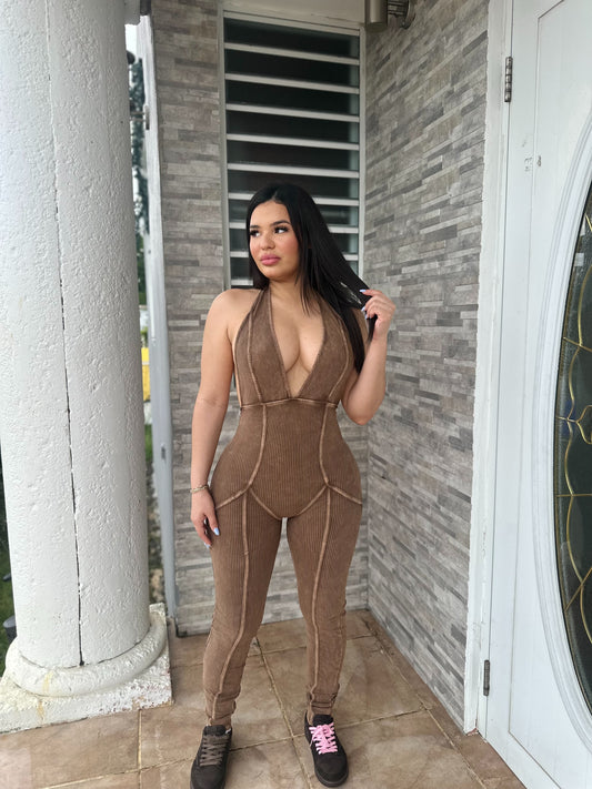 Mocha Backless Mineral Jumpsuit