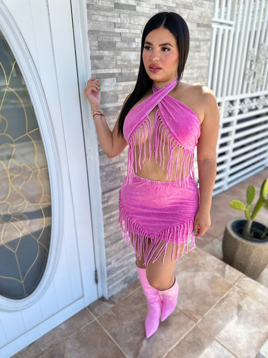 Pink Fringe Mineral Skirt Set