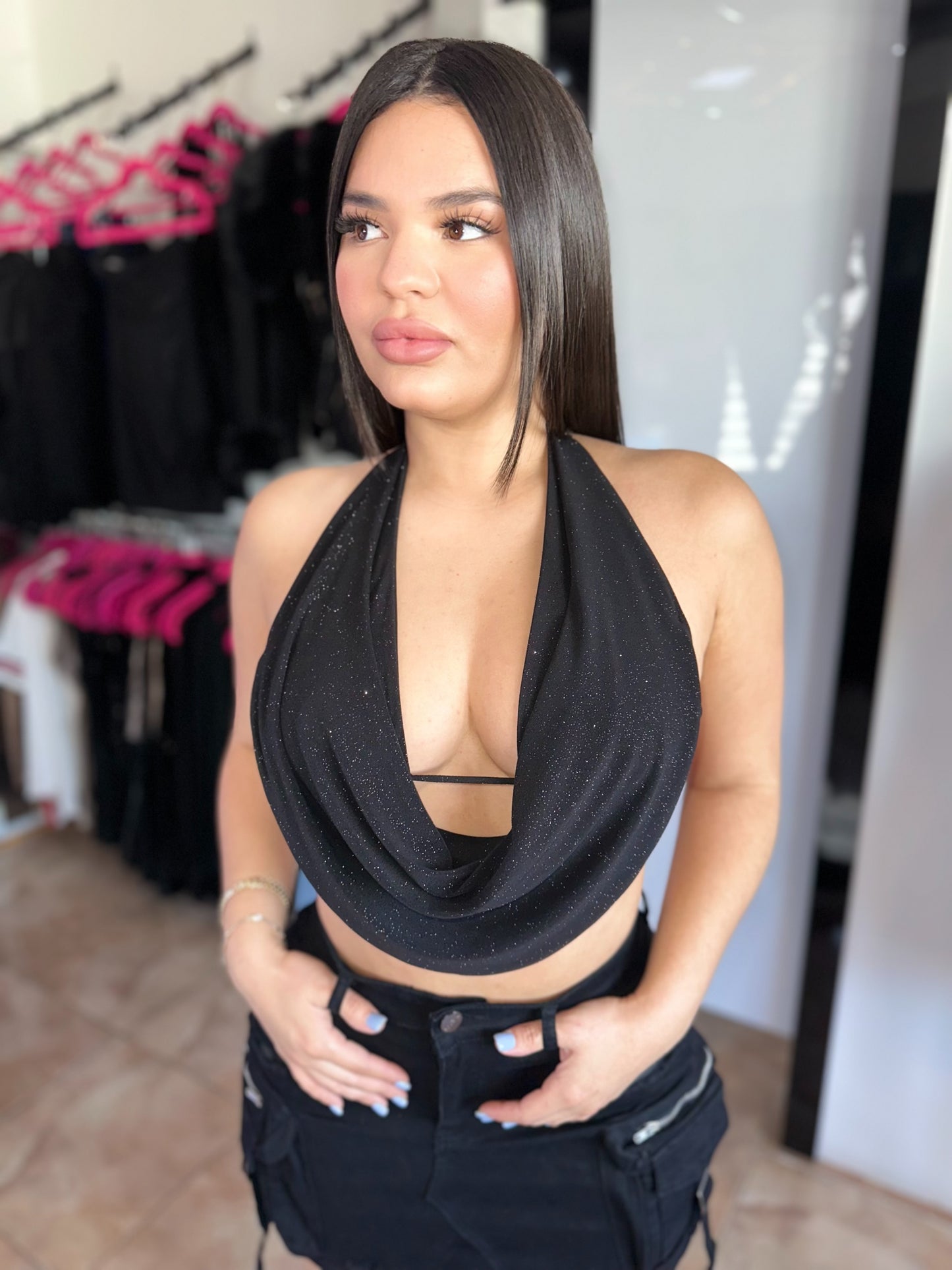 Glitter Black Halter Top
