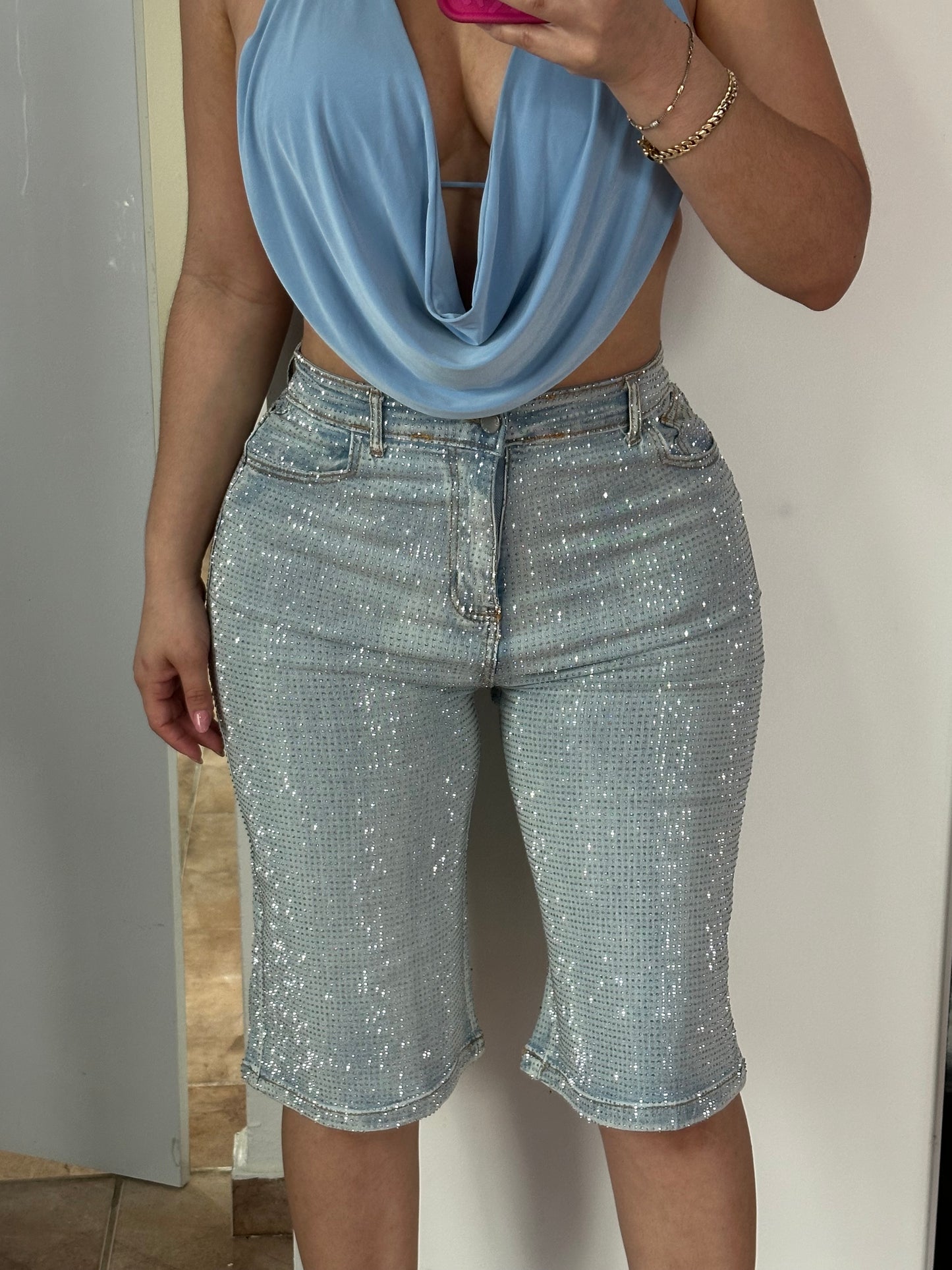 Rhinestone Light Denim Jorts