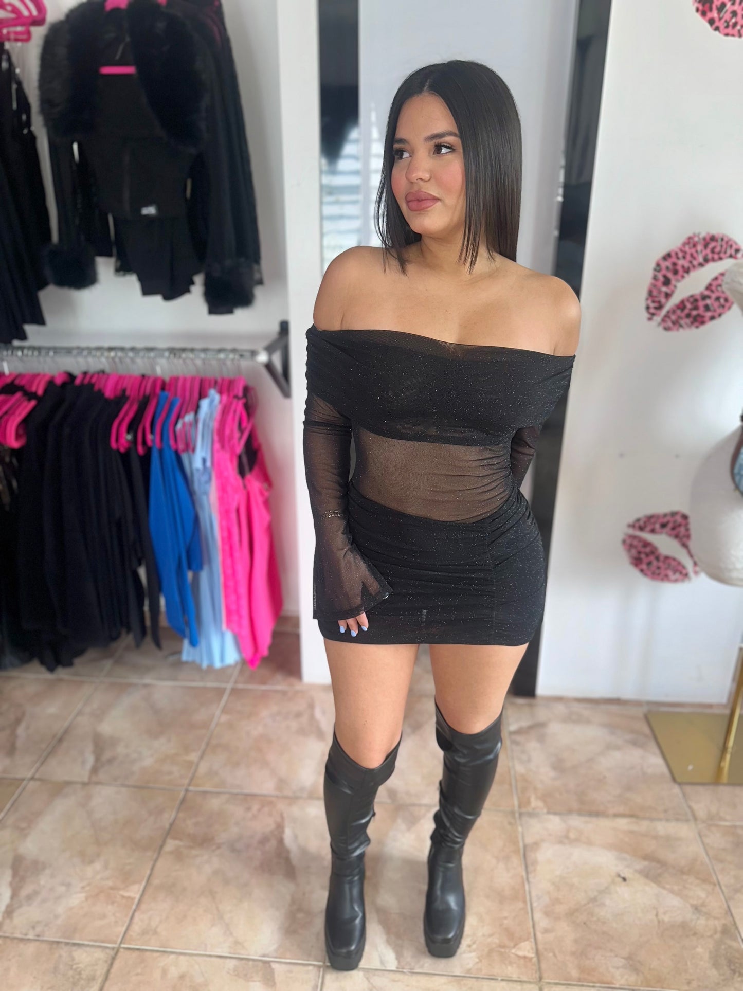 Glitter Mesh Black Dress