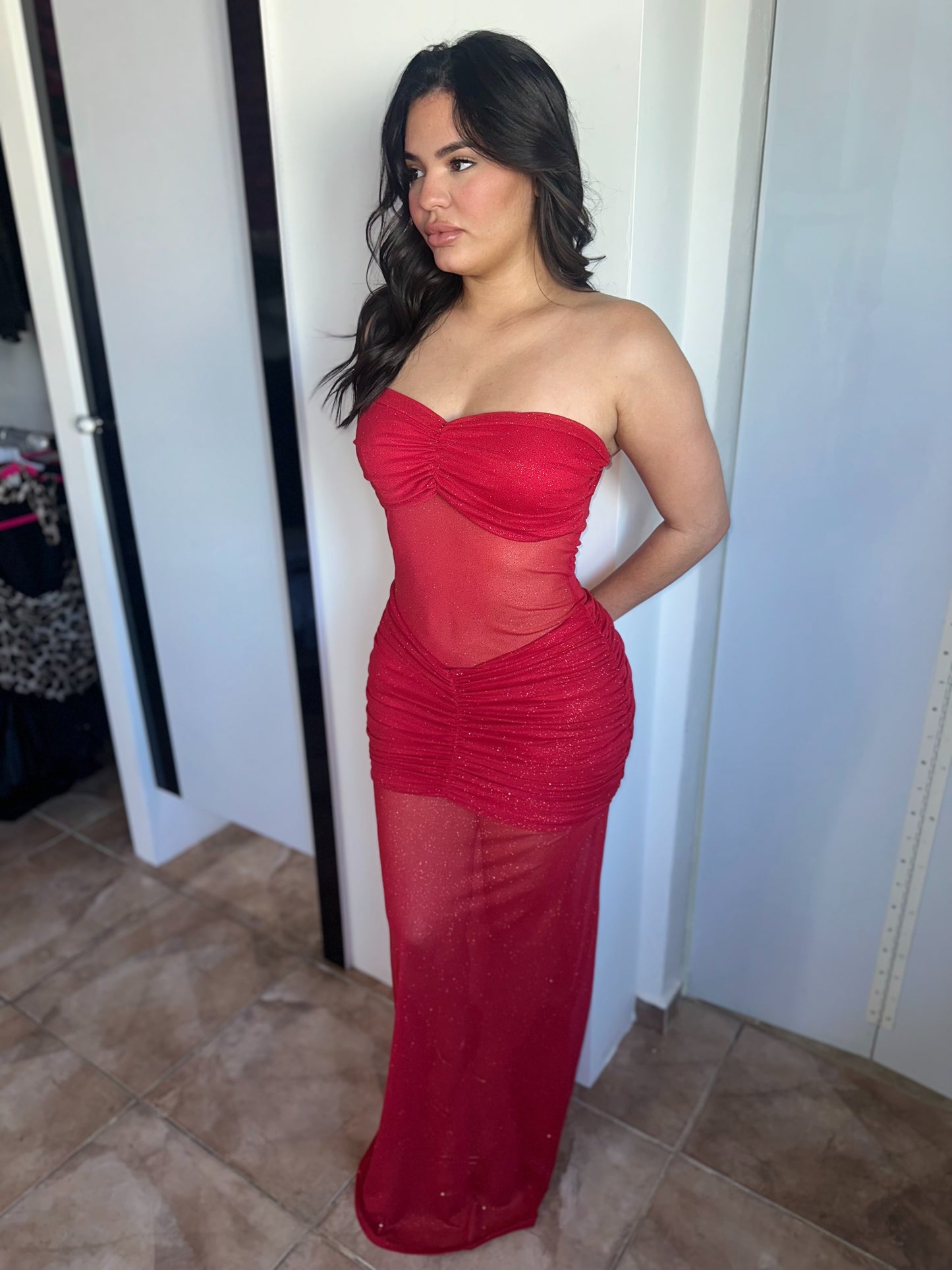 Red Glitter Mesh Long Dress