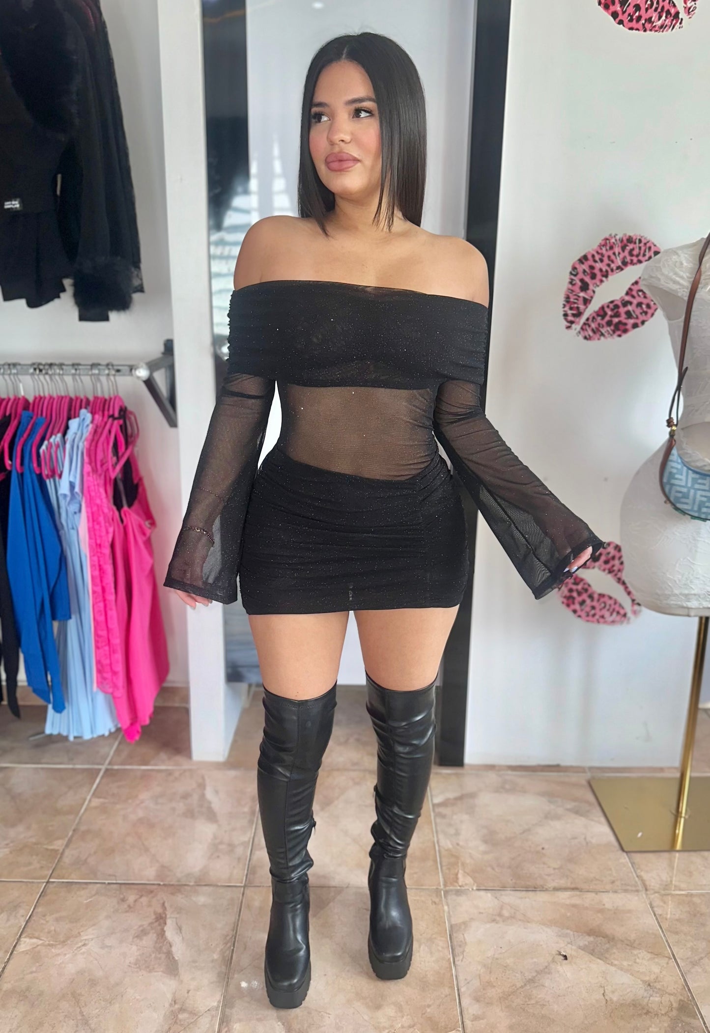 Glitter Mesh Black Dress